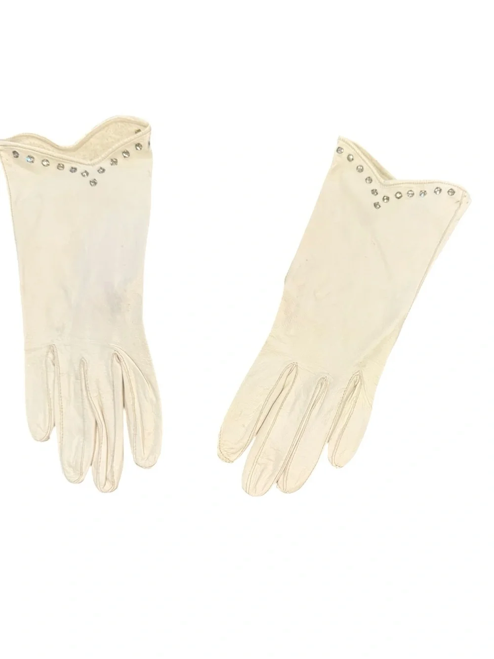 Vintage Cream Leather Gloves with Stud Detail Sz S